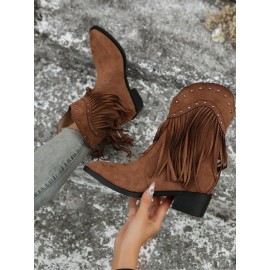 West Style Plain Non-Slip Slip On Block Heel Cowboy Boots Rivet