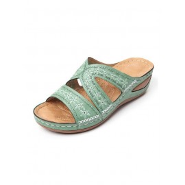 Floral Embroidered Cutout Boho Casual Wedge Slides